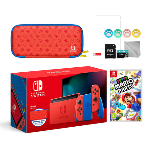 2021 New Nintendo Switch Mario Red & Blue Limited Edition with Mario Iconography Carrying Case and Screen Protector Bundle With Super Mario Party And Mytrix Accessories