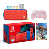 2021 New Nintendo Switch Mario Red & Blue Limited Edition with Mario Iconography Carrying Case Bundle With Immortals Fenyx Rising And Mytrix Wireless Switch Pro Controller and Accessories