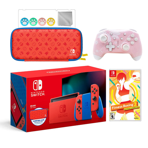 2021 New Nintendo Switch Mario Red & Blue Limited Edition with Mario Iconography Carrying Case Bundle With Fitness Boxing 2 And Mytrix Wireless Pro Controller and Accessories