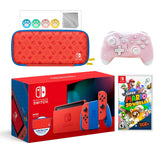 2021 New Nintendo Switch Mario Red & Blue Limited Edition with Mario Iconography Carrying Case Bundle With Super Mario 3D World&Bowser's Fury And Mytrix Wireless Pro Controller and Accessories