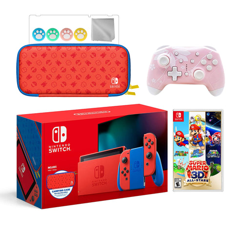 2021 New Nintendo Switch Mario Red & Blue Limited Edition with Mario Iconography Carrying Case Bundle With Super Mario 3D All-Stars And Mytrix Wireless Switch Pro Controller and Accessories