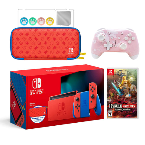 2021 New Nintendo Switch Mario Red & Blue Limited Edition with Mario Iconography Carrying Case Bundle With Hyrule Warriors: Age of Calamity And Mytrix Wireless Switch Pro Controller and Accessories