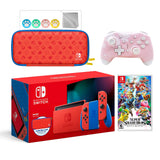 2021 New Nintendo Switch Mario Red & Blue Limited Edition with Mario Iconography Carrying Case Bundle With Super Smash Bros. Ultimate And Mytrix Wireless Switch Pro Controller and Accessories