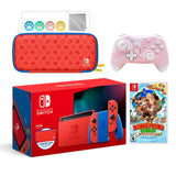 2021 New Nintendo Switch Mario Red & Blue Limited Edition with Mario Iconography Carrying Case Bundle With Donkey Kong Country And Mytrix Wireless Pro Controller and Accessories