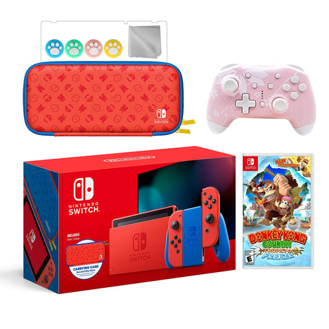 2021 New Nintendo Switch Mario Red & Blue Limited Edition with Mario Iconography Carrying Case Bundle With Donkey Kong Country And Mytrix Wireless Pro Controller and Accessories