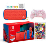 2021 New Nintendo Switch Mario Red & Blue Limited Edition with Mario Iconography Carrying Case Bundle With Super Bomberman R And Mytrix Wireless Switch Pro Controller and Accessories