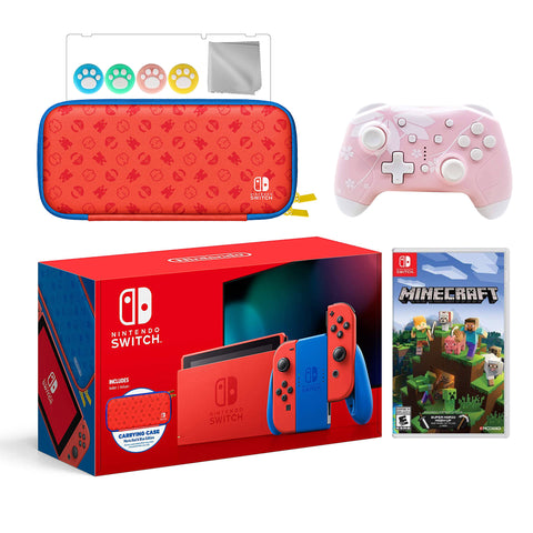 2021 New Nintendo Switch Mario Red & Blue Limited Edition with Mario Iconography Carrying Case Bundle With Minecraft And Mytrix Wireless Switch Pro Controller and Accessories