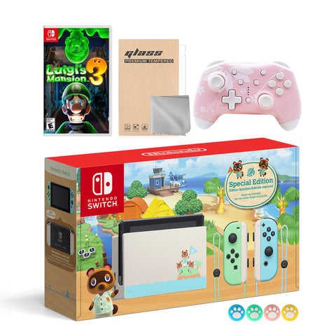 Nintendo Switch Animal Crossing Special Version Console Set, Bundle With Luigi's Mansion 3 And Mytrix Wireless Switch Pro Controller and Accessories