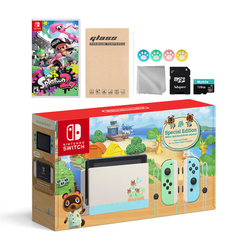 Nintendo Switch Animal Crossing Special Version Console Set, Bundle With Splatoon 2 And Mytrix Accessories