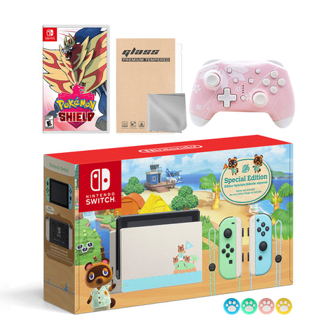 Nintendo Switch Animal Crossing Special Version Console Set, Bundle With Pokemon Shield And Mytrix Wireless Switch Pro Controller and Accessories