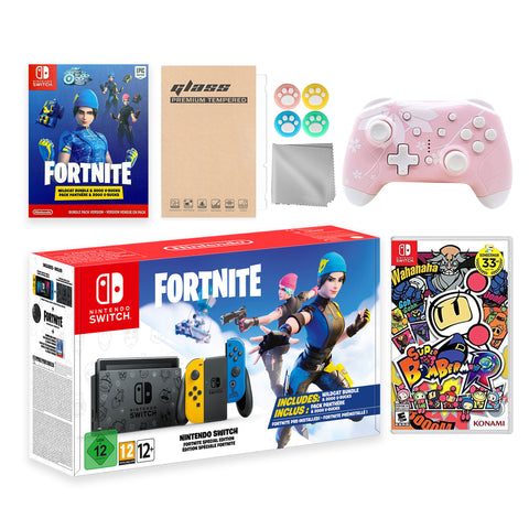 Nintendo Switch Fortnite Wildcat Limited Console Set, Epic Wildcat Outfits, 2000 V-Bucks, Bundle With Super Bomberman R And Mytrix Wireless Switch Pro Controller and Accessories
