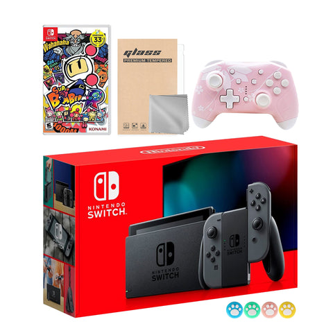 Nintendo Switch Gray Joy-Con Console Set, Bundle With Super Bomberman R And Mytrix Wireless Switch Pro Controller and Accessories