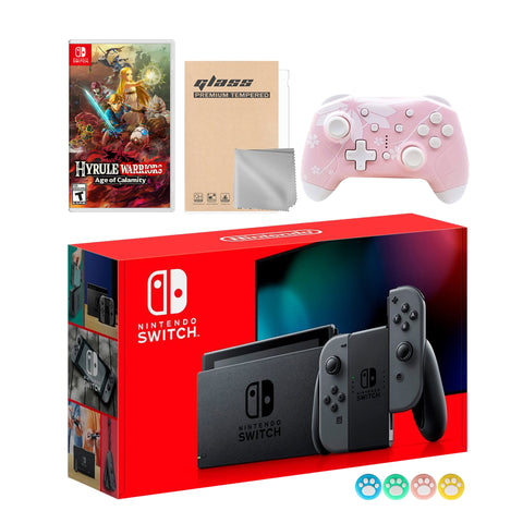 Nintendo Switch Gray Joy-Con Console Set, Bundle With Hyrule Warriors: Age of Calamity And Mytrix Wireless Switch Pro Controller and Accessories