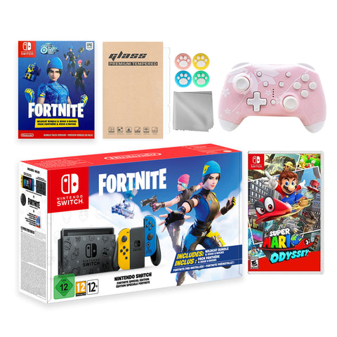 Nintendo Switch Fortnite Wildcat Limited Console Set, Epic Wildcat Outfits, 2000 V-Bucks, Bundle With Super Mario Odyssey And Mytrix Wireless Switch Pro Controller and Accessories