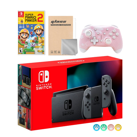 Nintendo Switch Gray Joy-Con Console Set, Bundle With Super Mario Maker 2 And Mytrix Wireless Switch Pro Controller and Accessories