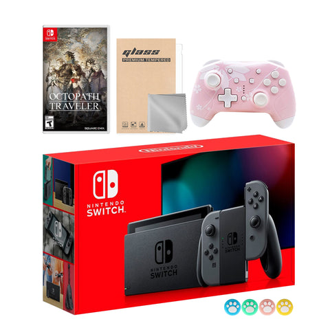 Nintendo Switch Gray Joy-Con Console Set, Bundle With Octopath Traveler And Mytrix Wireless Switch Pro Controller and Accessories