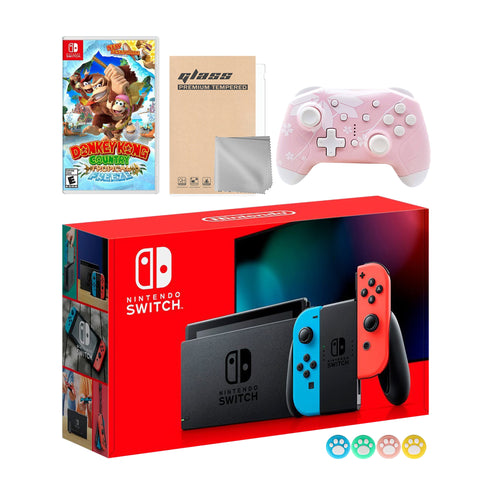 Nintendo Switch Neon Red Blue Joy-Con Console Set, Bundle With Donkey Kong Country And Mytrix Wireless Pro Controller and Accessories