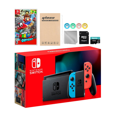 Nintendo Switch Neon Red Blue Joy-Con Console Set, Bundle With Super Mario Odyssey And Mytrix Accessories