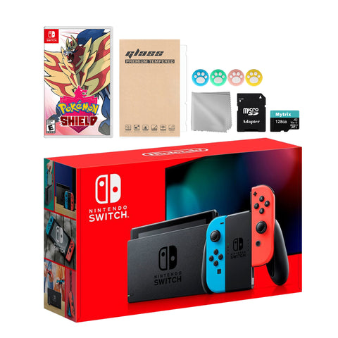 Nintendo Switch Neon Red Blue Joy-Con Console Set, Bundle With Pokemon Shield And Mytrix Accessories
