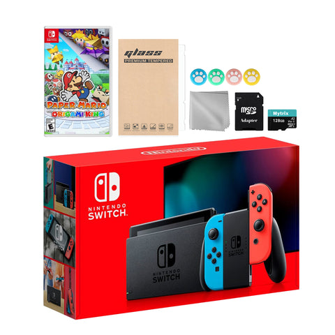 Nintendo Switch Neon Red Blue Joy-Con Console Set, Bundle With Paper Mario: The Origami King And Mytrix Accessories