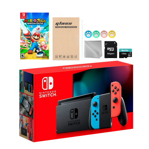 Nintendo Switch Neon Red Blue Joy-Con Console Set, Bundle With Mario Rabbids Kingdom Battle And Mytrix Accessories