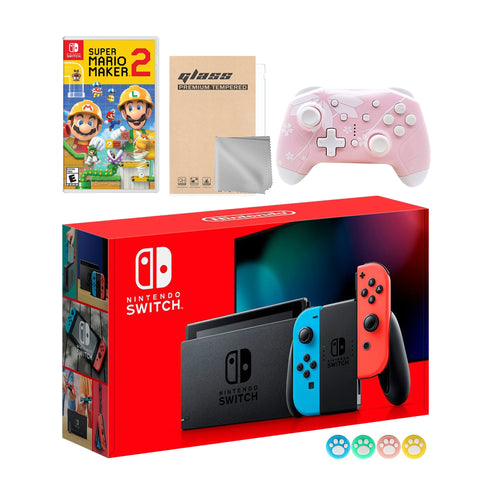 Nintendo Switch Neon Red Blue Joy-Con Console Set, Bundle With Super Mario Maker 2 And Mytrix Wireless Switch Pro Controller and Accessories