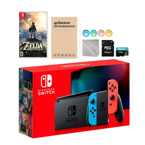 Nintendo Switch Neon Red Blue Joy-Con Console Set, Bundle With Zelda: Breath of the Wild And Mytrix Accessories