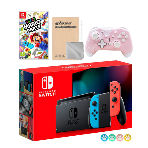 Nintendo Switch Neon Red Blue Joy-Con Console Set, Bundle With Super Mario Party And Mytrix Wireless Pro Controller and Accessories