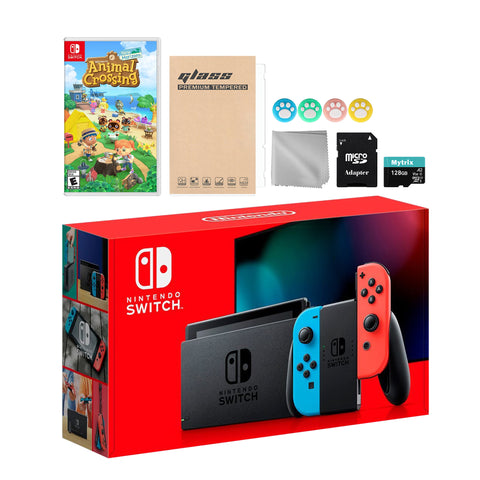 Nintendo Switch Neon Red Blue Joy-Con Console Set, Bundle With Animal Crossing: New Horizons And Mytrix Accessories