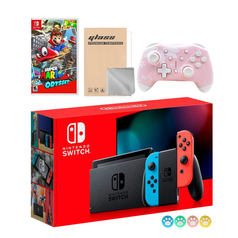 Nintendo Switch Neon Red Blue Joy-Con Console Set, Bundle With Super Mario Odyssey And Mytrix Wireless Switch Pro Controller and Accessories