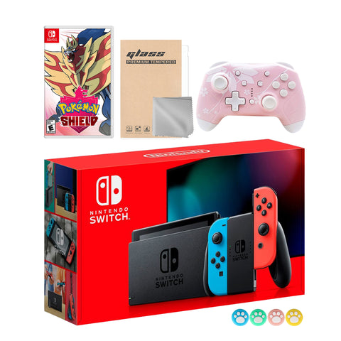 Nintendo Switch Neon Red Blue Joy-Con Console Set, Bundle With Pokemon Shield And Mytrix Wireless Switch Pro Controller and Accessories
