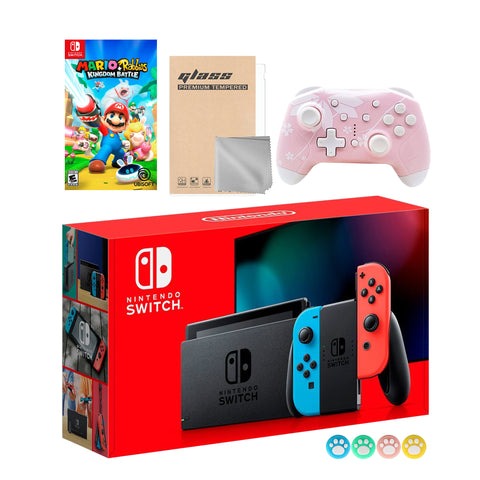 Nintendo Switch Neon Red Blue Joy-Con Console Set, Bundle With Mario Rabbids Kingdom Battle And Mytrix Wireless Controller and Accessories