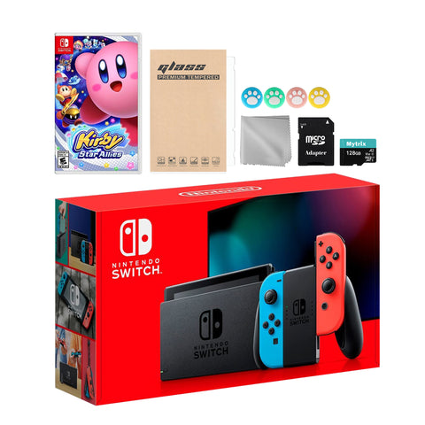 Nintendo Switch Neon Red Blue Joy-Con Console Set, Bundle With Kirby Star Allies And Mytrix Accessories
