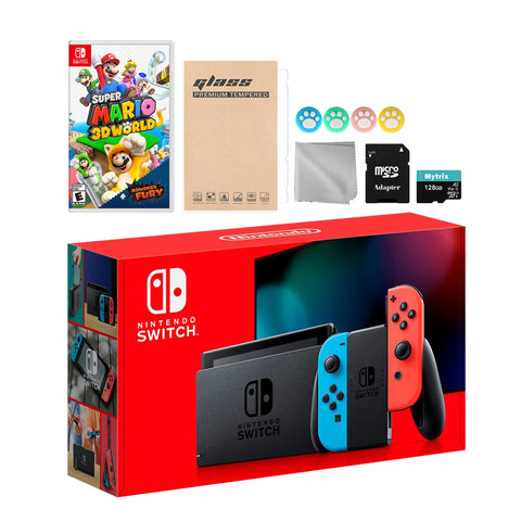 Nintendo Switch Neon Red Blue Joy-Con Console Set, Bundle With Super Mario 3D World&Bowser's Fury And Mytrix Accessories