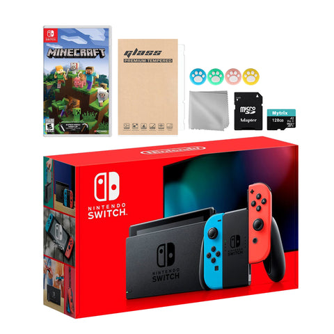 Nintendo Switch Neon Red Blue Joy-Con Console Set, Bundle With Minecraft And Mytrix Accessories