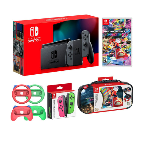 Nintendo Switch Mario Kart 8 Deluxe Bundle: Gray Joy-Con Console,an Extra Pair of Neon Pink and Green Joy-Con, Red and Green Joy-Con Grip Set of 4, Mario Kart 8 Deluxe Game and Travel Case