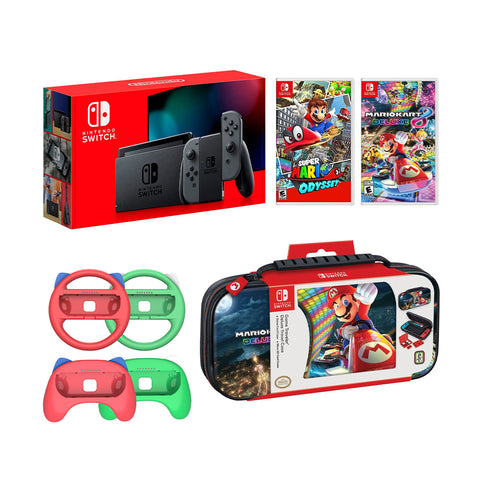 Nintendo Switch Mario Kart 8 and Odyssey Deluxe Bundle: Gray Joy-Con 32GB Console, Red and Green Joy-Con Grip Set of 4, Super Mario Odyssey, Mario Kart 8 Deluxe Game Disc and Travel Case