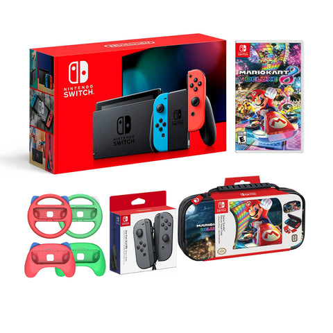 Nintendo Switch Mario Kart 8 Deluxe Bundle: Red and Blue Joy-Con Console,an Extra Pair of Gray Joy-Con, Red and Green Joy-Con Grip Set of 4, Mario Kart 8 Deluxe Game Disc and Travel Case