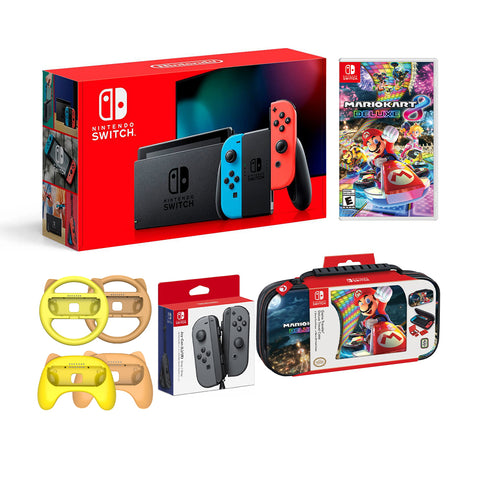 Nintendo Switch Mario Kart 8 Deluxe Bundle: Red and Blue Joy-Con Console,an Extra Pair of Gray Joy-Con, Joy-Con Grip Set of 4, Mario Kart 8 Deluxe Game Disc and Travel Case