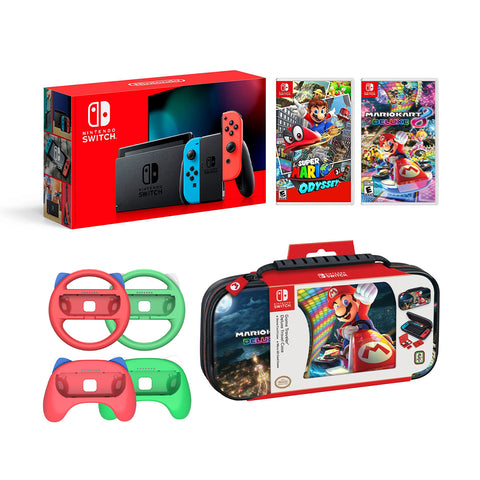Nintendo Switch Mario Kart 8 and Odyssey Deluxe Bundle: Red and Blue Joy-Con 32GB Console, Red and Green Joy-Con Grip Set of 4, Super Mario Odyssey, Mario Kart 8 Deluxe Game and Travel Case