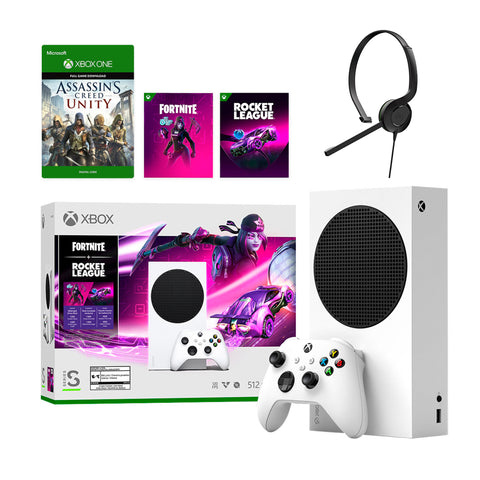 Microsoft Xbox Series S Fortnite & Rocket League Midnight Drive Pack Bundle with Assassin's Creed: Unity Full Game and Mytrix Chat Headset