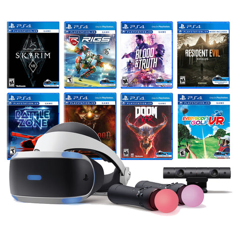 PlayStation VR 11-In-1 Deluxe Bundle PS4 & PS5 Compatible: VR Headset, Camera, Move Motion Controllers, Skyrim, Resident Evil 7, DOOM VFR, Battlezone, RIGS, Until Dawn, Blood & Truth, Everybody's Golf
