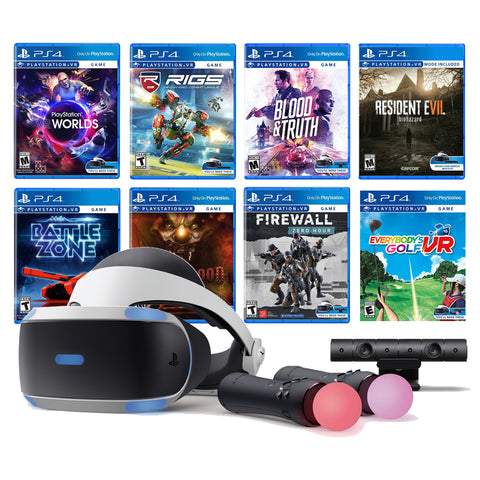 PlayStation VR 11-In-1 Deluxe Bundle PS4 & PS5 Compatible: VR Headset, Camera, Move Motion Controllers, VR Worlds, Resident Evil 7, Firewall Zero Hour, Battlezone, RIGS, Until Dawn, Blood&Truth, Golf