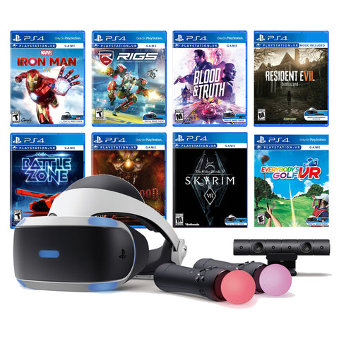 PlayStation VR 11-In-1 Deluxe Bundle PS4 & PS5 Compatible: VR Headset, Camera, Move Motion Controllers, Iron Man, Skyrim, Resident Evil 7, Battlezone, RIGS, Until Dawn, Blood & Truth, Everybody's Golf
